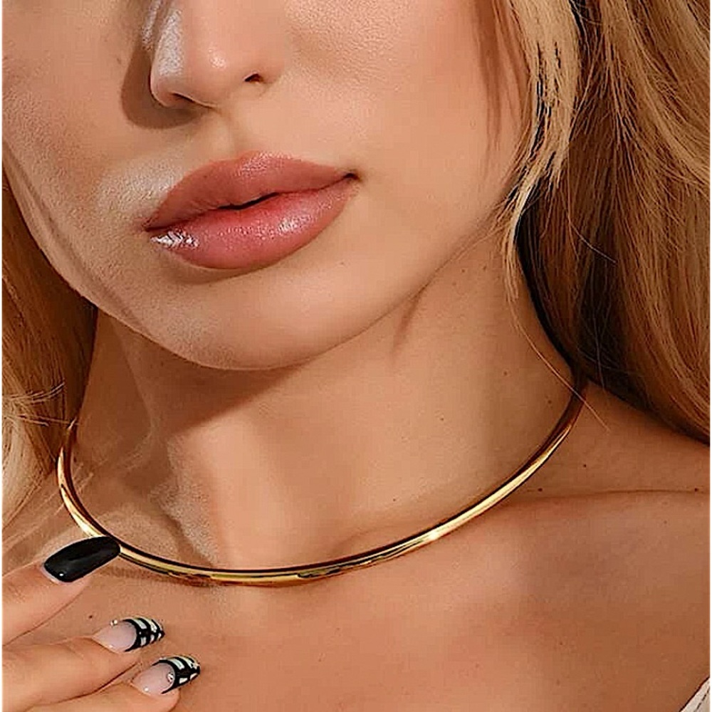 Gold Round Metal Collar Torques Maxi Choker Necklace